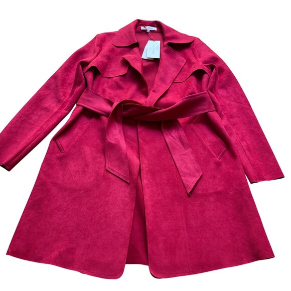 Solitaire Size S NEW Red Faux Suede Notch Lapel Belted Trench Coat Jacket - Picture 1 of 15